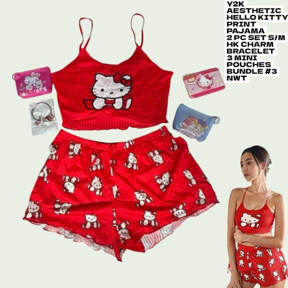 Y2K HELLO KITTY TOP SHORTS SET CHARM BRACELET WALLET 3 ZIP POUCHES NWT BUNDLE #3